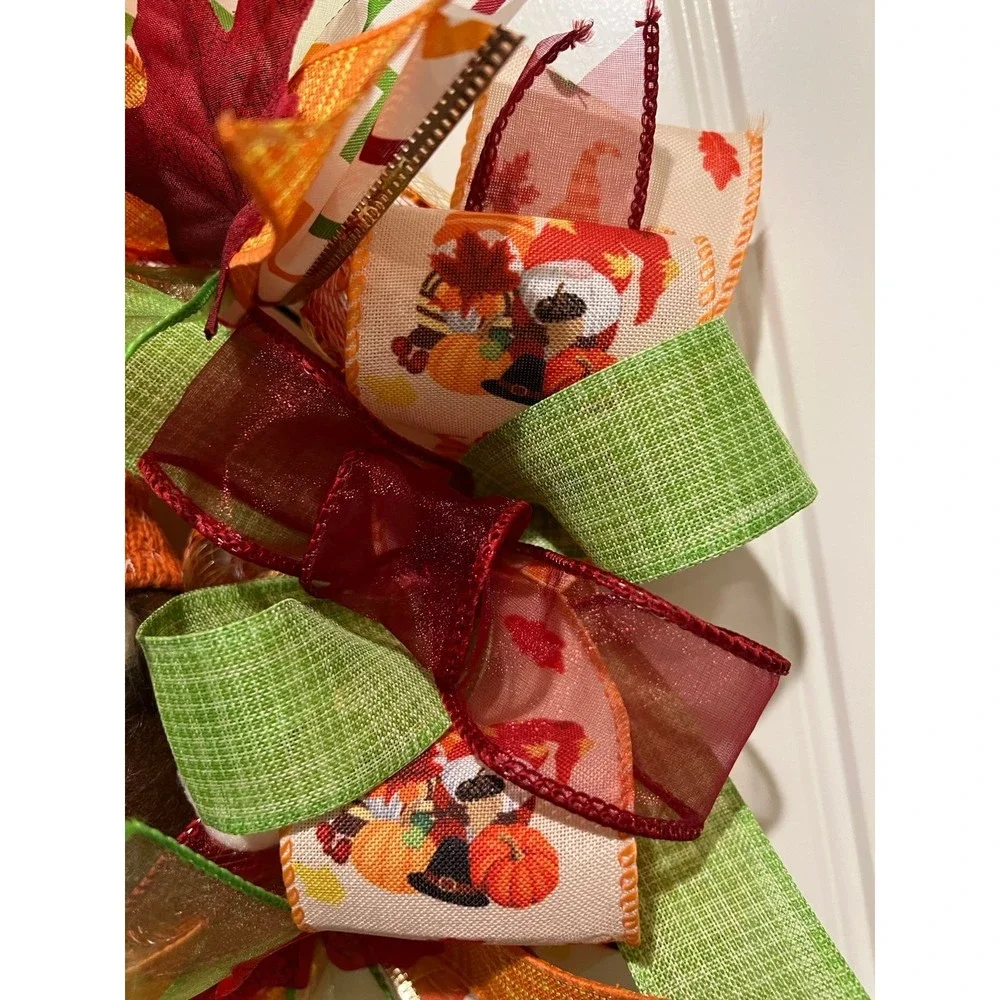 13 inch Ribbon Wreath Fall Autumn Thanksgiving Gnome MW1